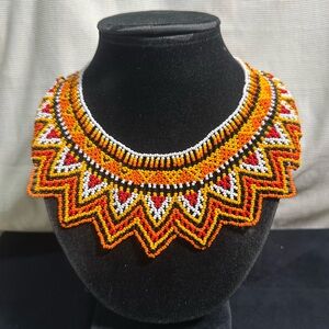 Vtg: Handmade Glass Seed Bead Vibrant Orange, Yellow, white Collar Necklace